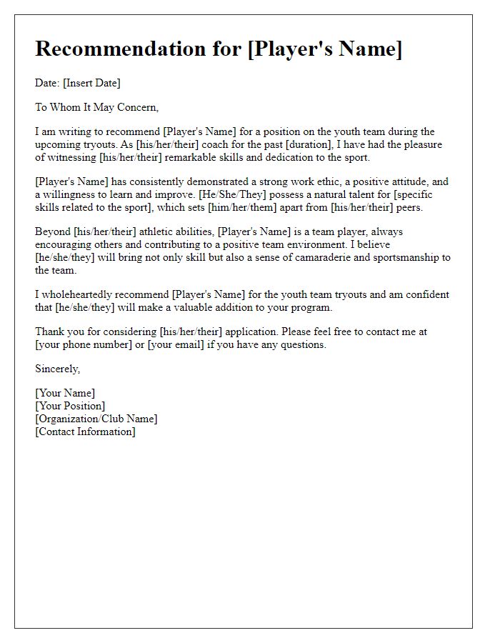 Letter template of sports coach recommendation for youth team tryouts.