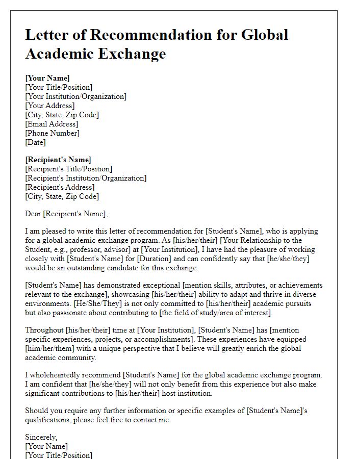 Letter template of recommendation for global academic exchange.