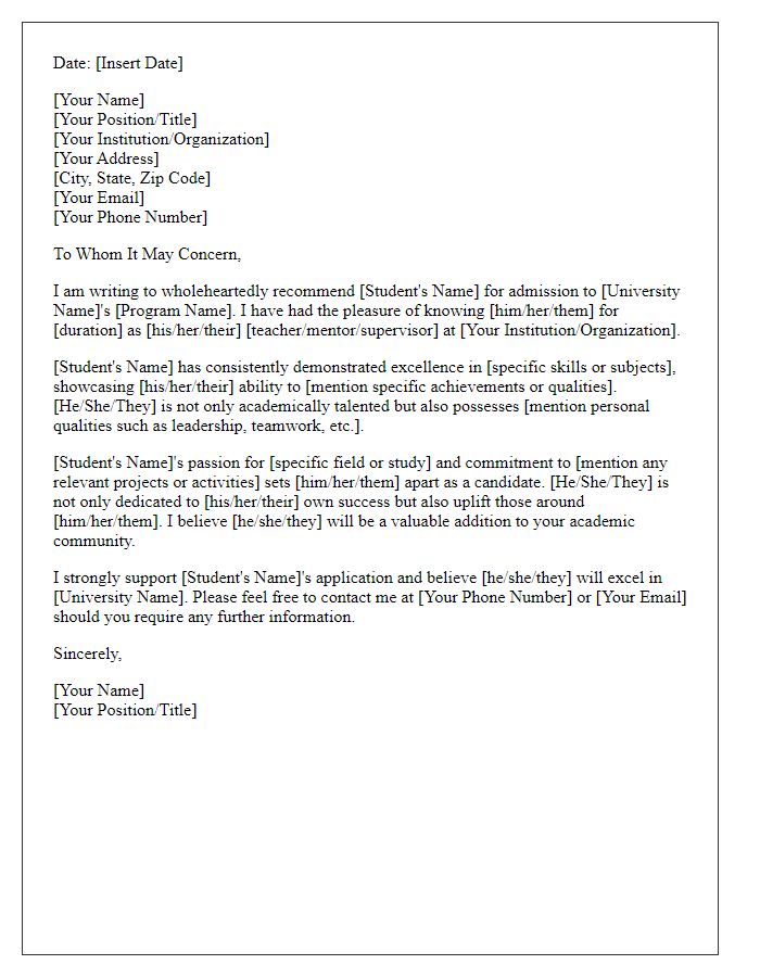 Letter template of reference for international university admission.