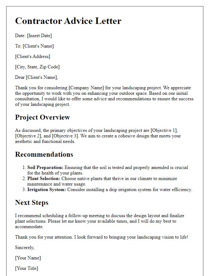 Letter template of contractor advice for landscaping projects.