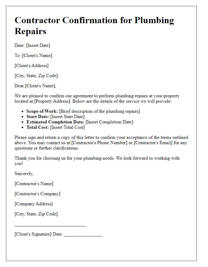 Letter template of contractor confirmation for plumbing repairs.