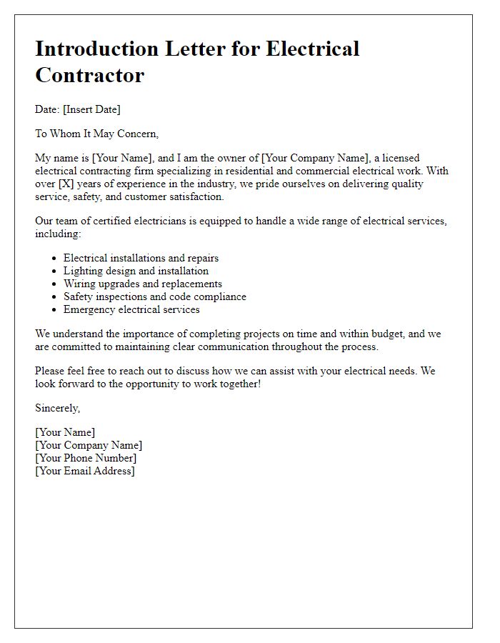 Letter template of contractor introduction for electrical work.