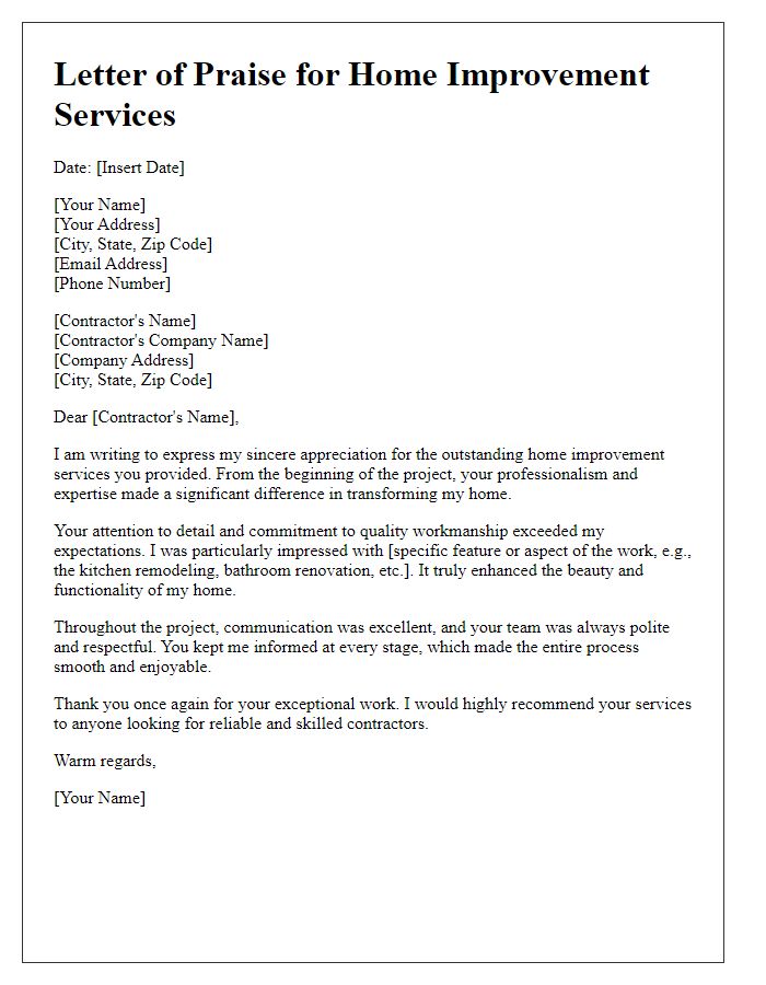 Letter template of contractor praise for general home improvement services.