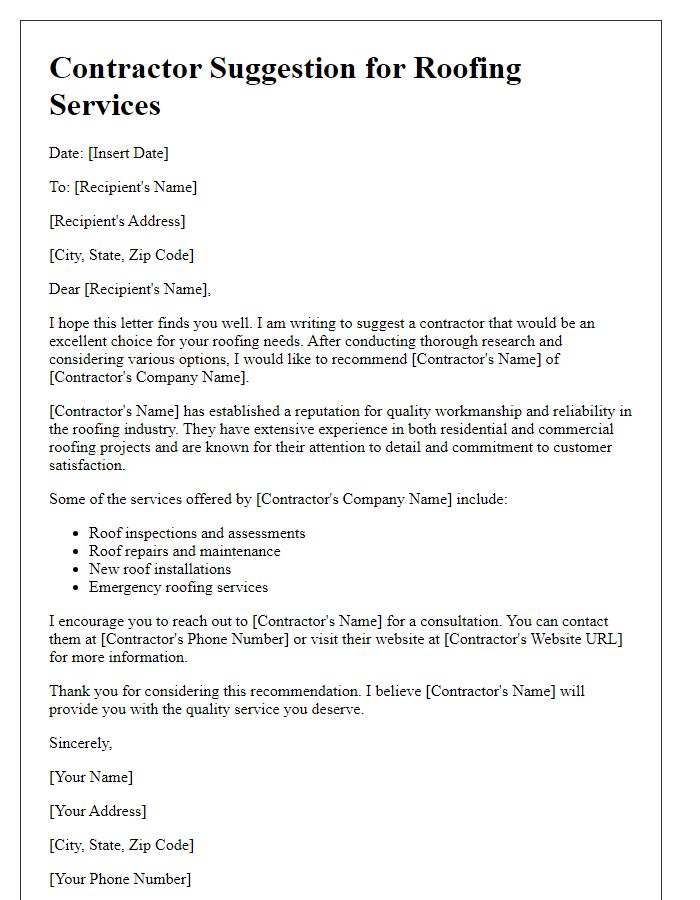 Letter template of contractor suggestion for roofing services.