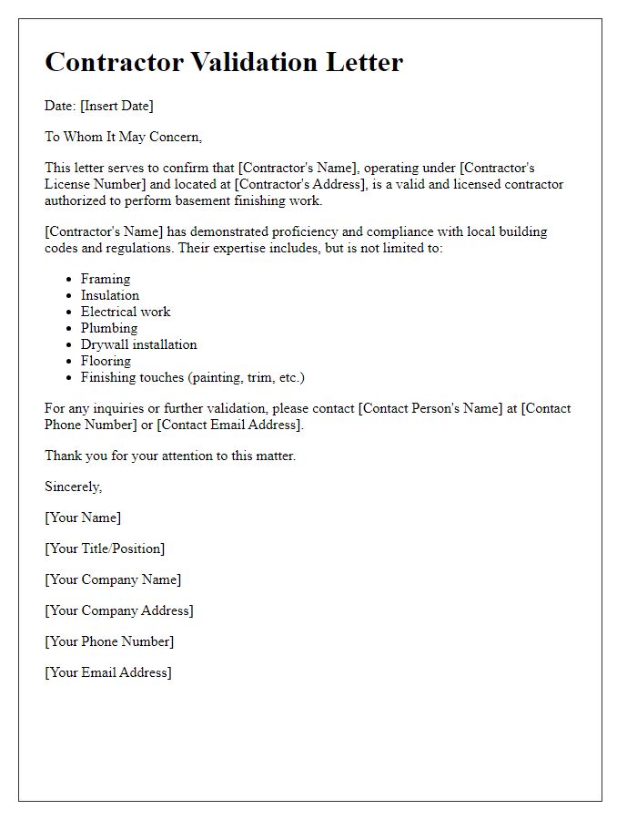 Letter template of contractor validation for basement finishing.