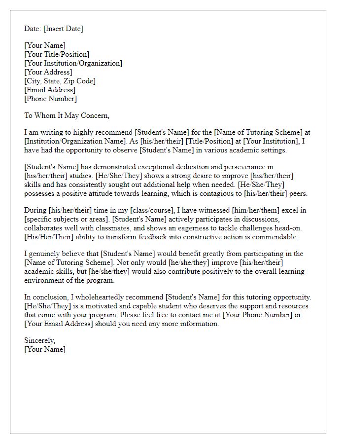 Letter template of recommendation for an academic support tutoring scheme.