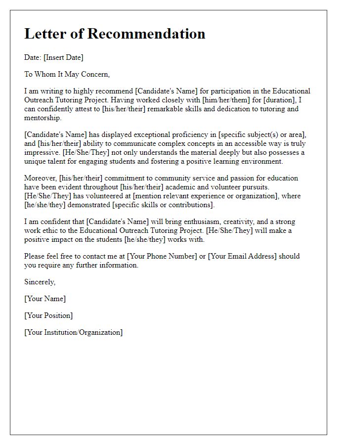 Letter template of recommendation for an educational outreach tutoring project.