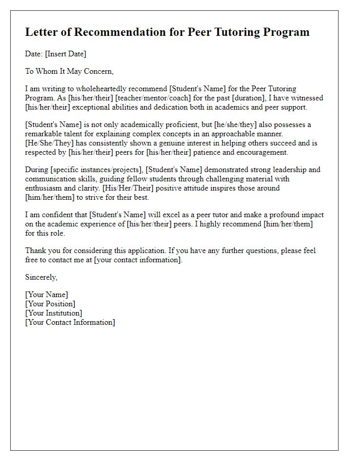 Letter template of recommendation for a peer tutoring program.