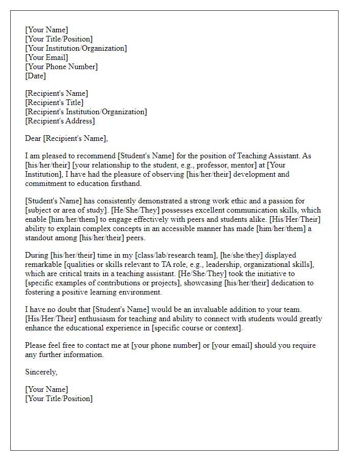 Letter template of recommendation for student teaching assistant roles.