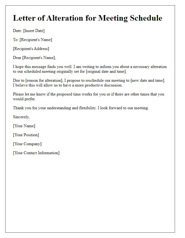Letter template of alteration for meeting schedule