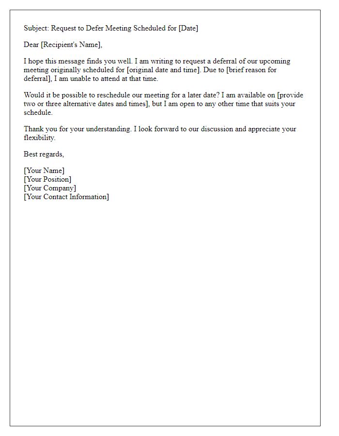 Letter template of request to defer meeting