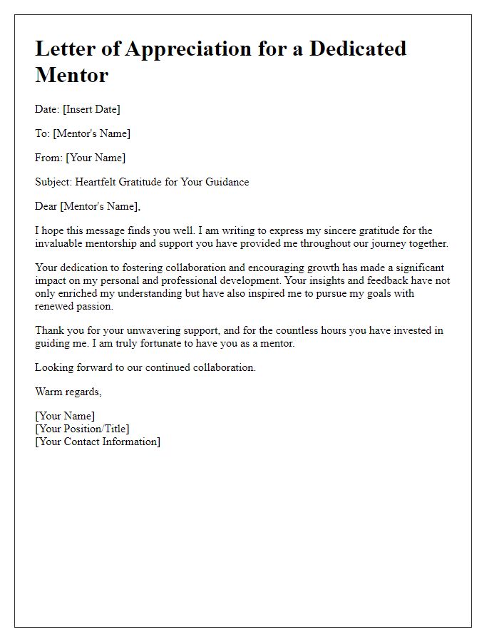 Letter template of praise for a dedicated mentor to foster collaboration.