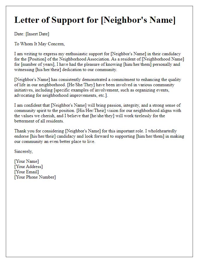 Letter template of backing for neighbor's candidacy in neighborhood association