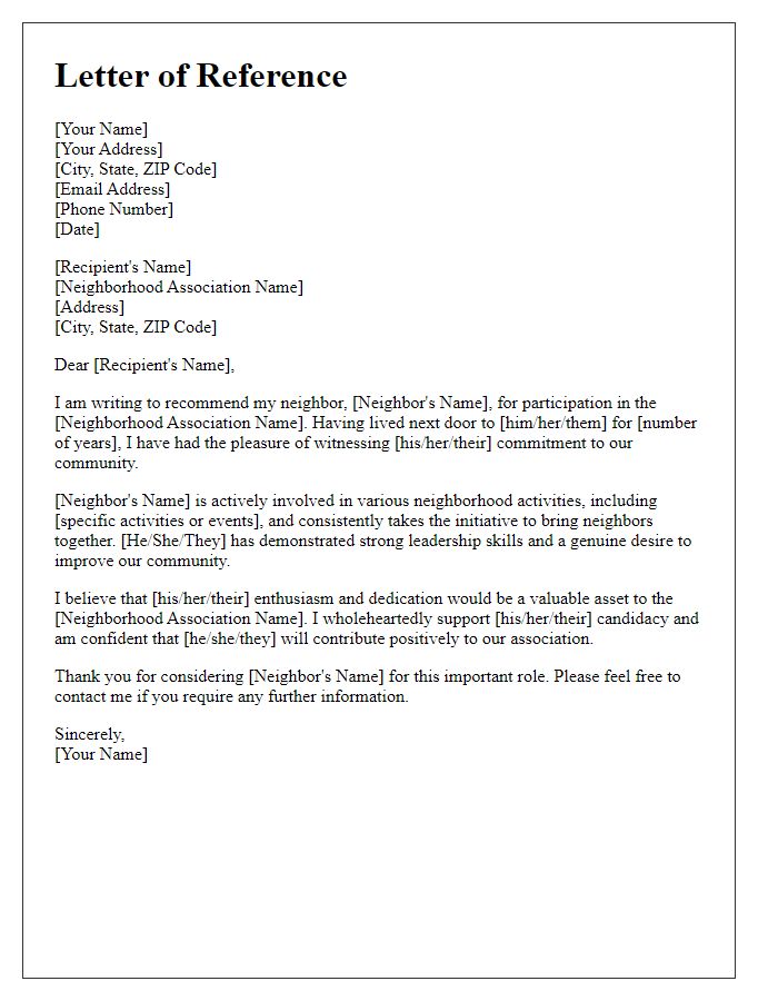 Letter template of reference for neighbor participating in neighborhood association