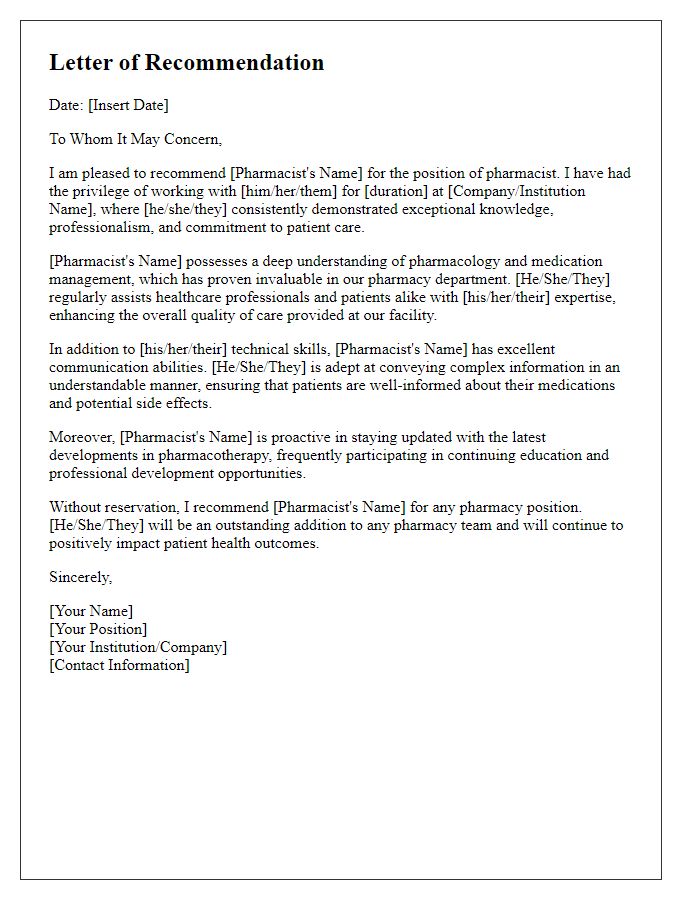 Letter template of recommendation for a knowledgeable pharmacist.