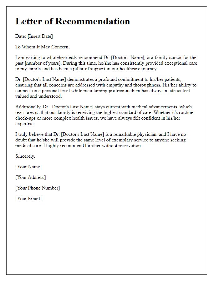 Letter template of recommendation for a trusted family doctor.