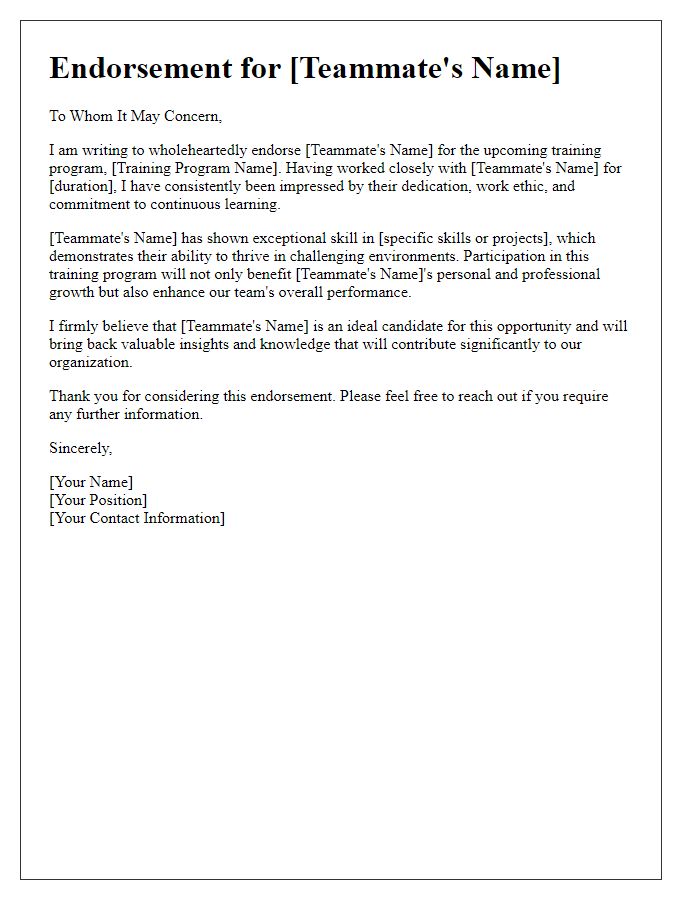 Letter template of positive endorsement for teammates training program registration.