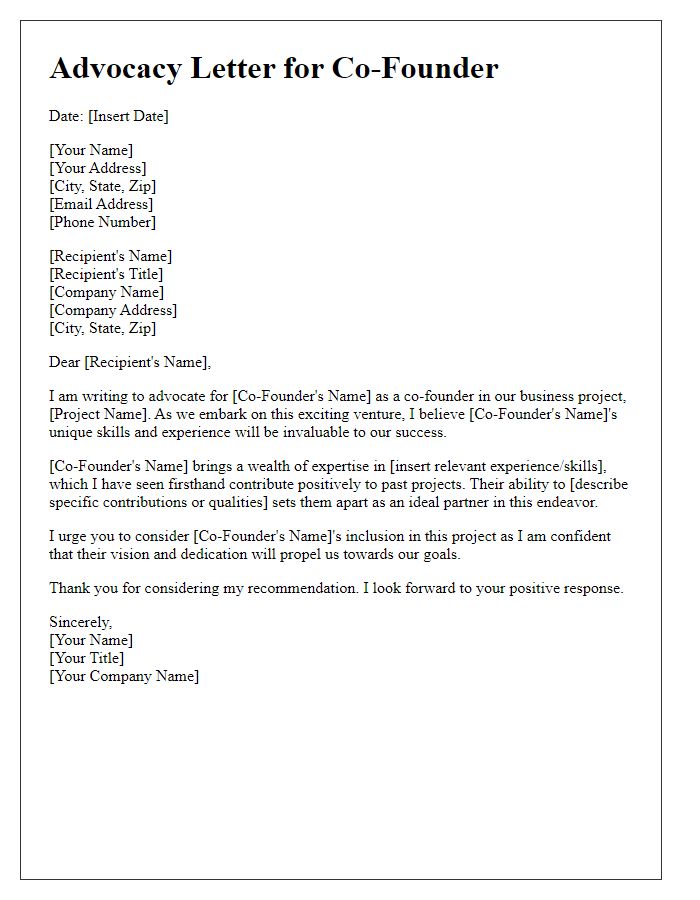 Letter template of advocacy for a co-founder in a business project.