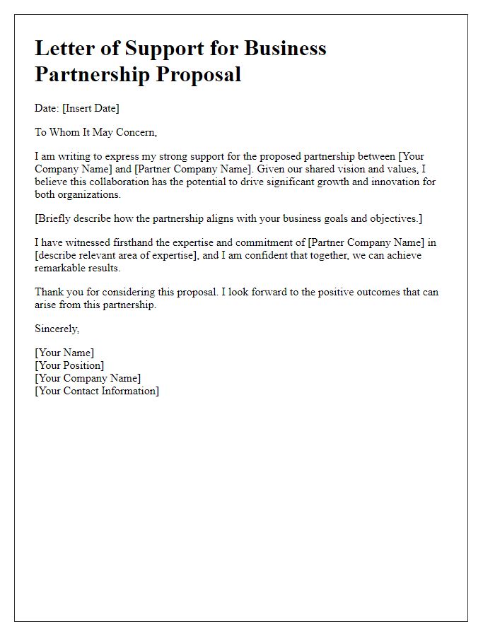 Letter template of support for a business partnership proposal.