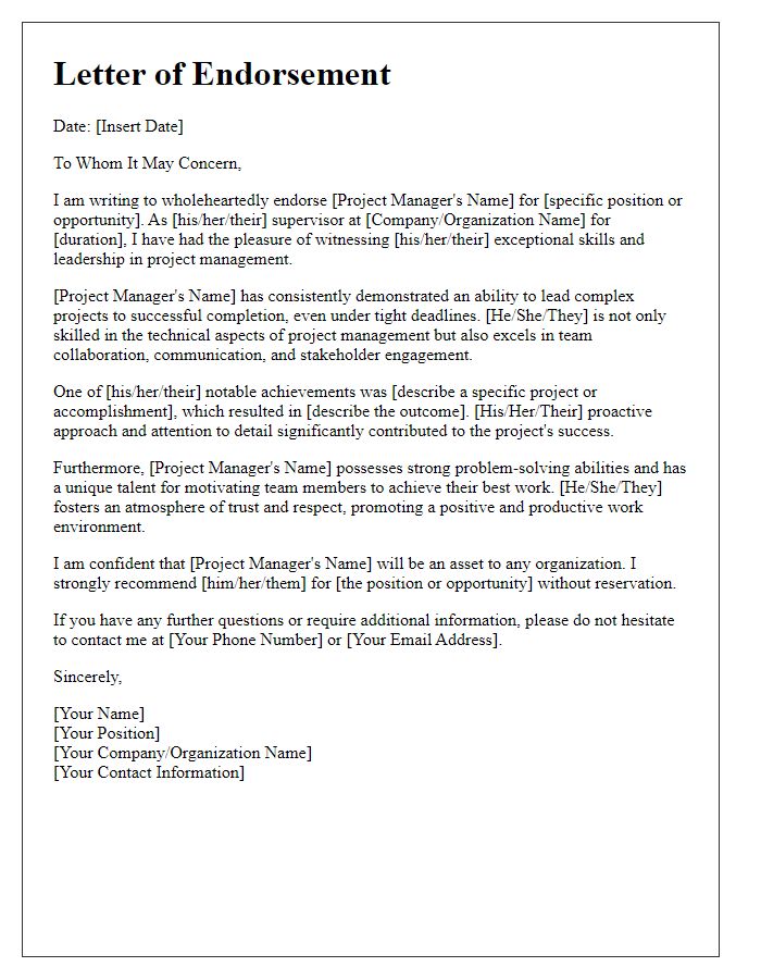 Letter template of endorsement for a skilled project manager.