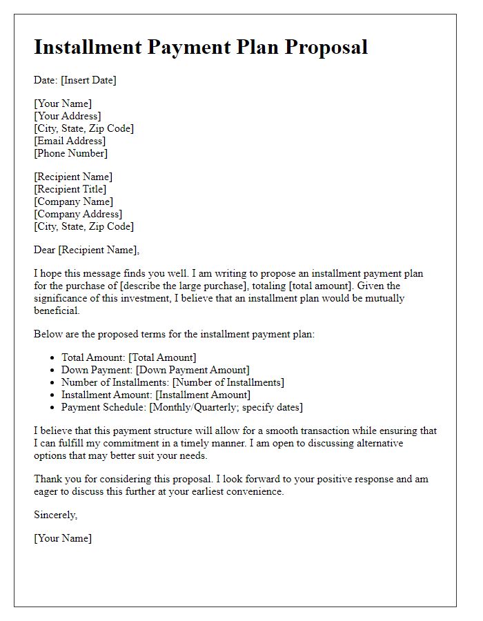 Letter template of installment payment plan proposal for large purchases.