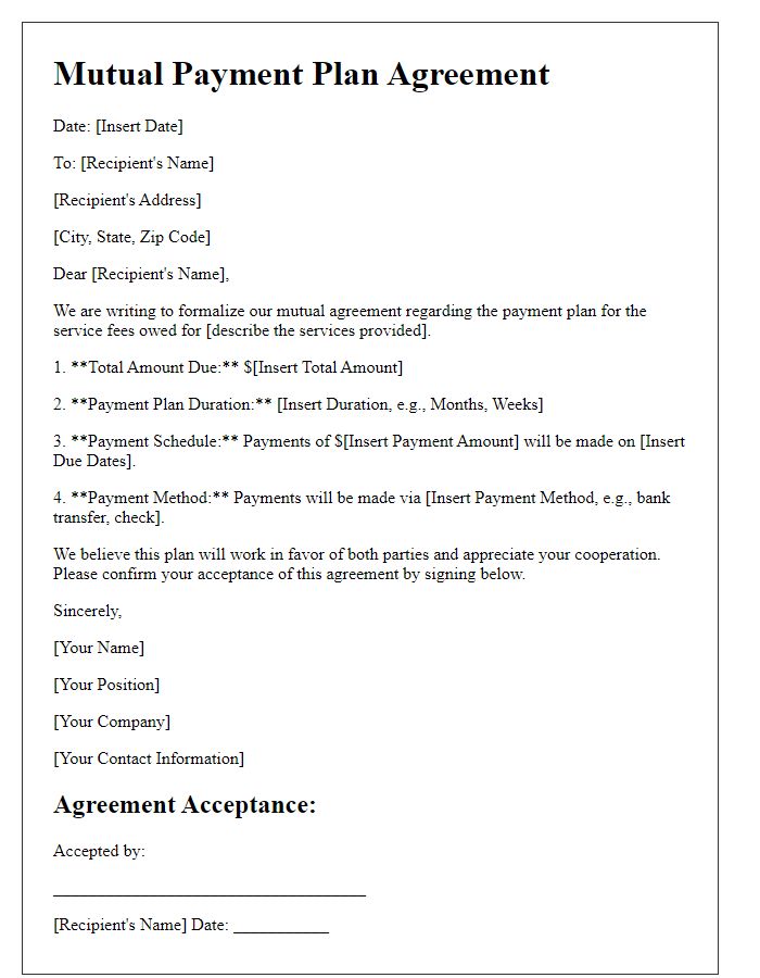 Letter template of mutual payment plan agreement for service fees.