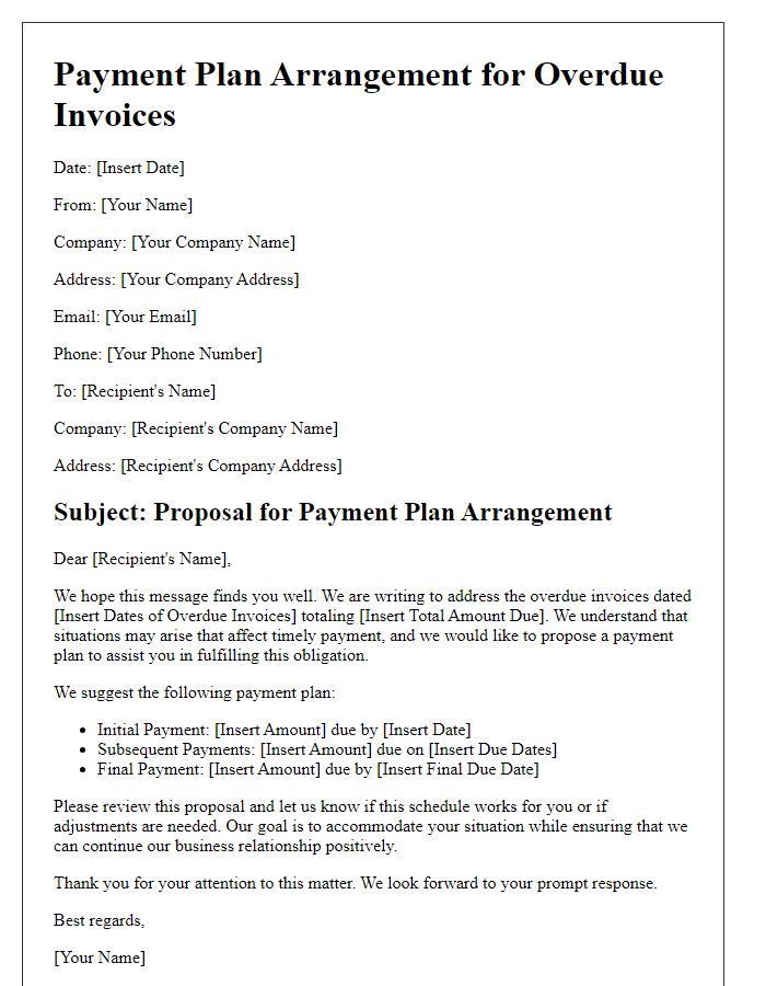 Letter template of payment plan arrangement for overdue invoices.