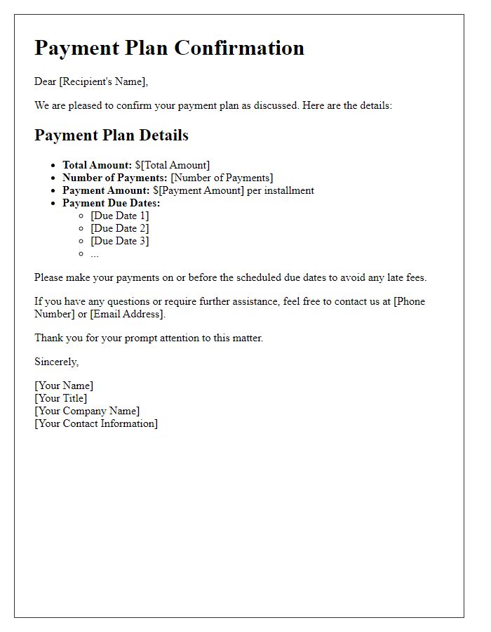 Letter template of payment plan confirmation for scheduled payments.