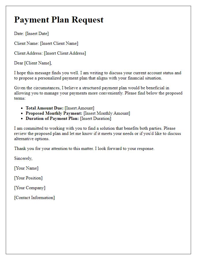 Letter template of personalized payment plan request for client agreement.