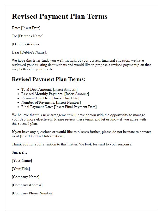 Letter template of revised payment plan terms for existing debt.