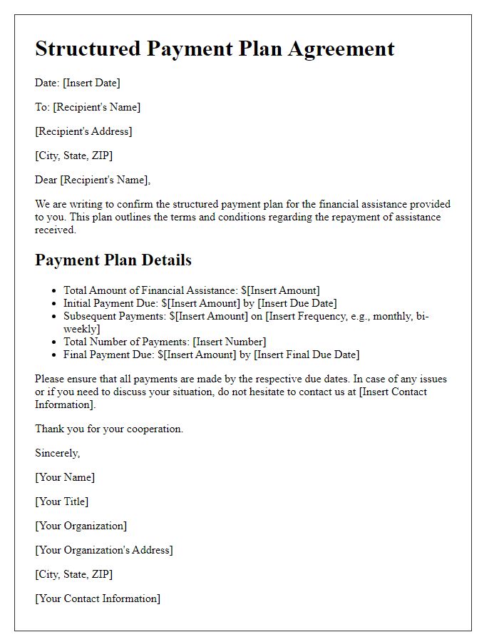 Letter template of structured payment plan for financial assistance.