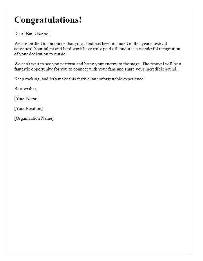 Letter template of cheer for a bands inclusion in festival activities.