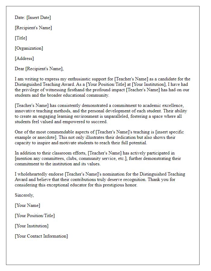 Letter template of backing for a teacher's entry for a distinguished teaching award.