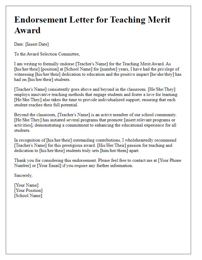 Letter template of endorsement for a teacher receiving a teaching merit award.