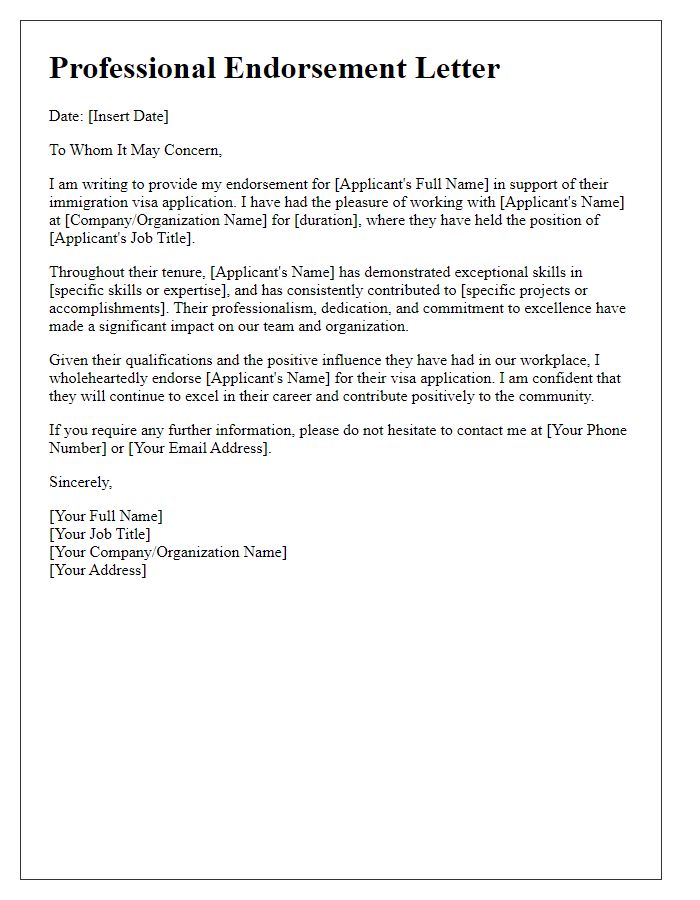 Letter template of professional endorsement for immigration visa request.