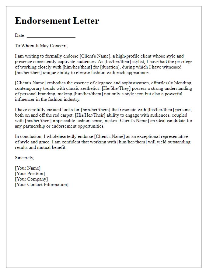 Letter template of stylist endorsement for high-profile client.