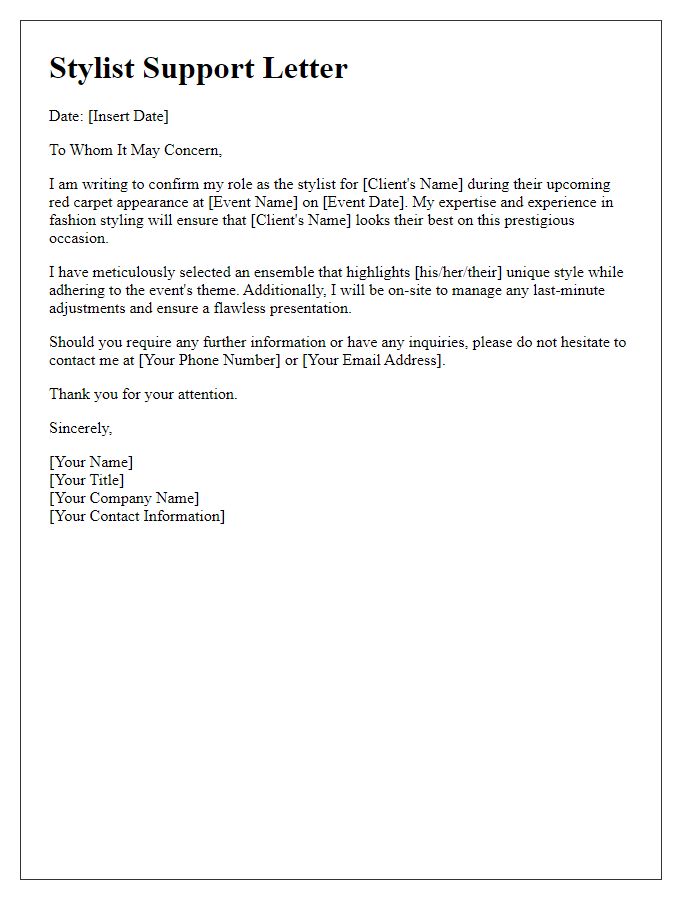 Letter template of stylist support for red carpet appearance.