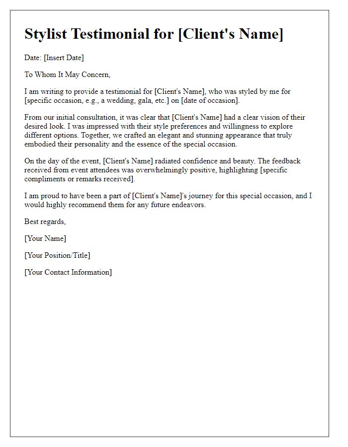 Letter template of stylist testimonial for special occasion.