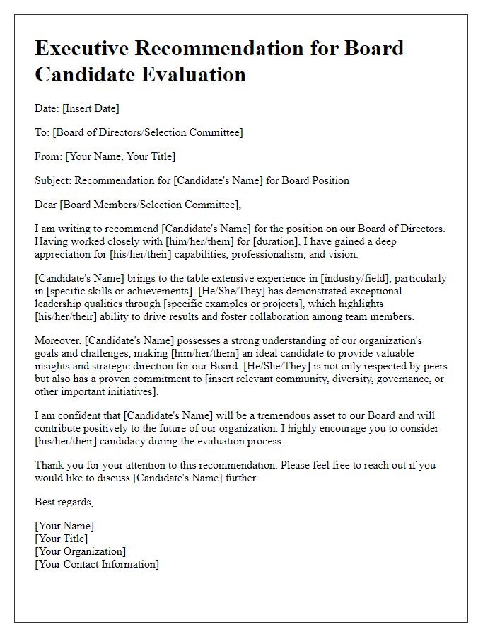 Letter template of executive recommendation for board candidate evaluation.