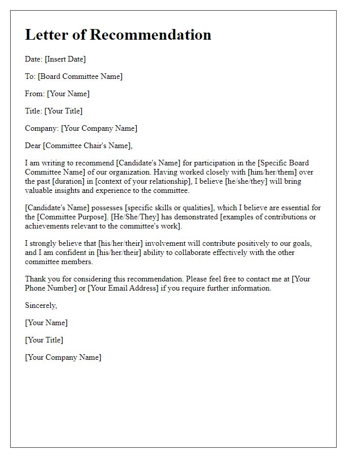 Letter template of executive recommendation for board committee participation.