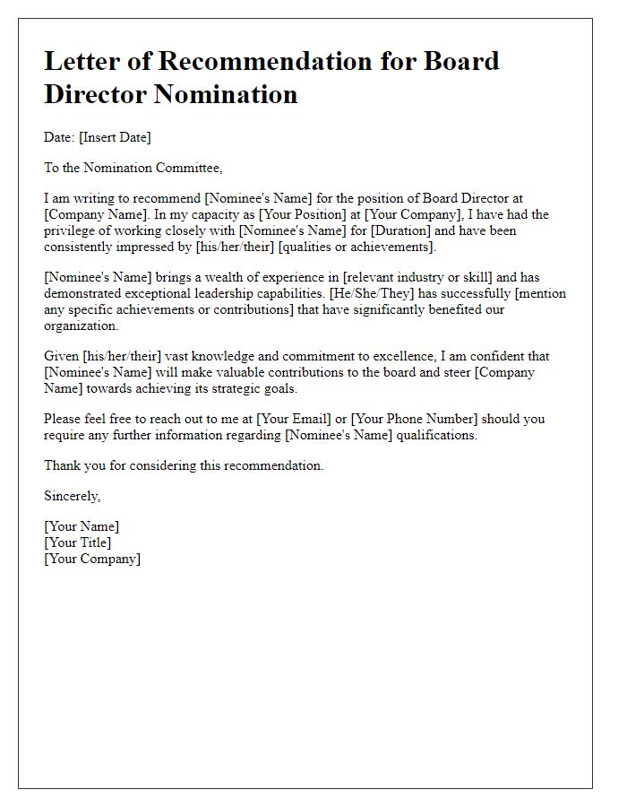 Letter template of executive recommendation for board director nomination.