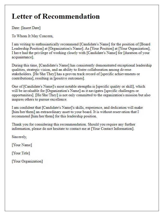 Letter template of executive recommendation for board leadership position.