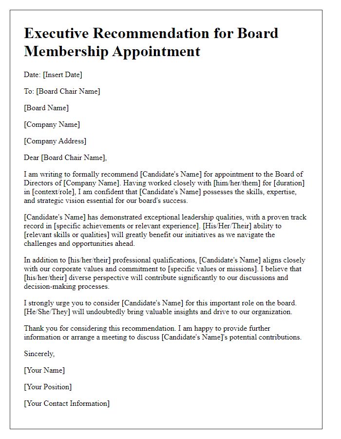 Letter template of executive recommendation for board membership appointment.