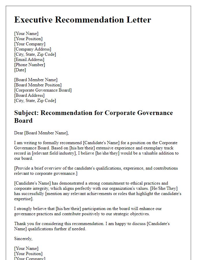 Letter template of executive recommendation for corporate governance board.