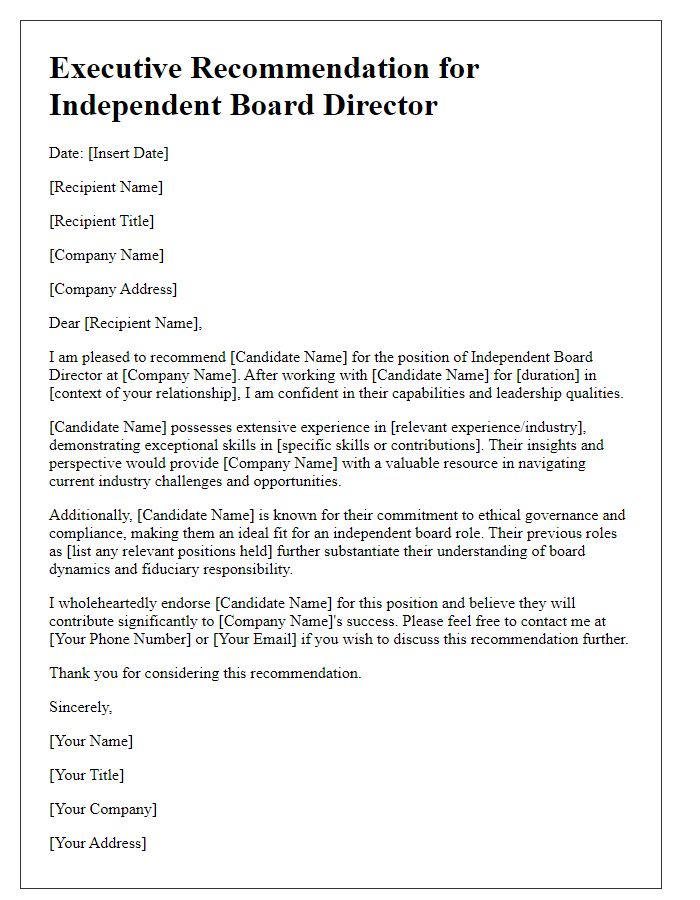 Letter template of executive recommendation for independent board director.