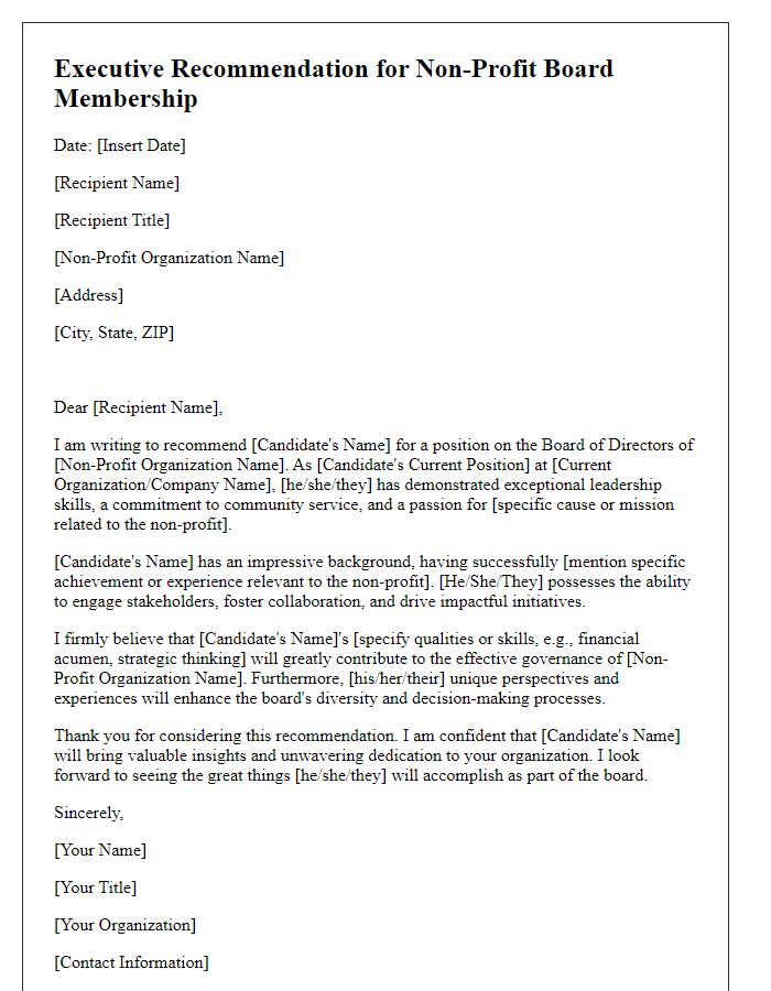 Letter template of executive recommendation for non-profit board membership.