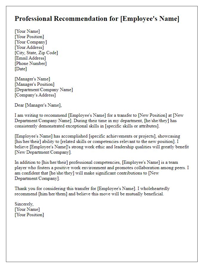 Letter template of professional recommendation for job transfer.