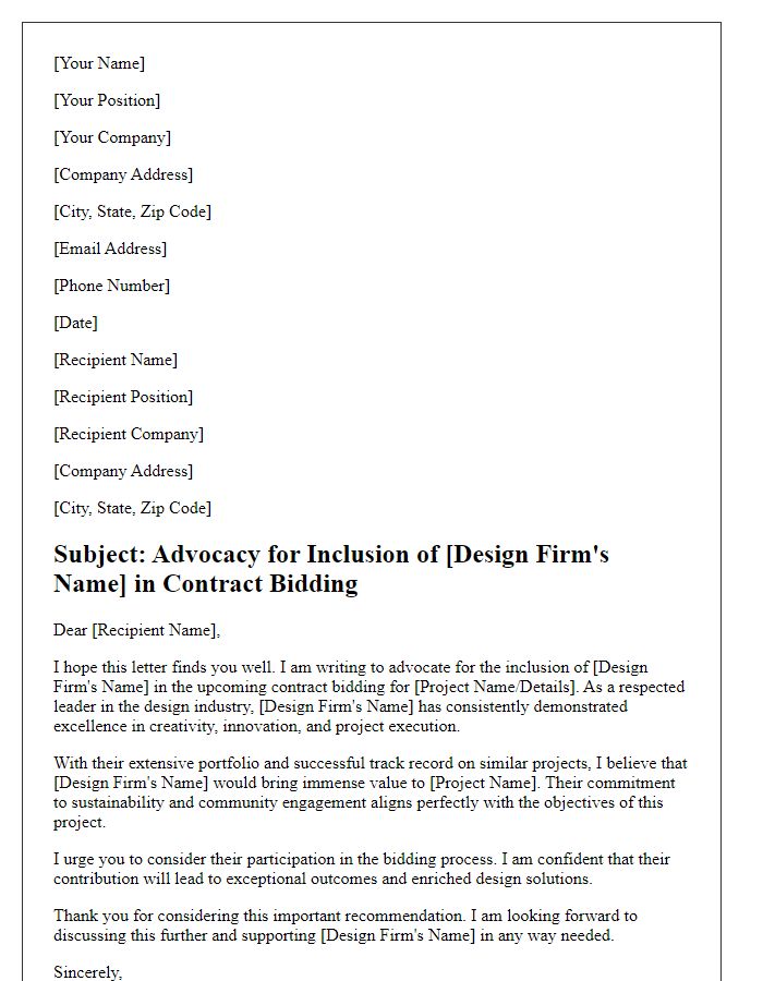 Letter template of advocacy for a design firm's inclusion in contract bidding.