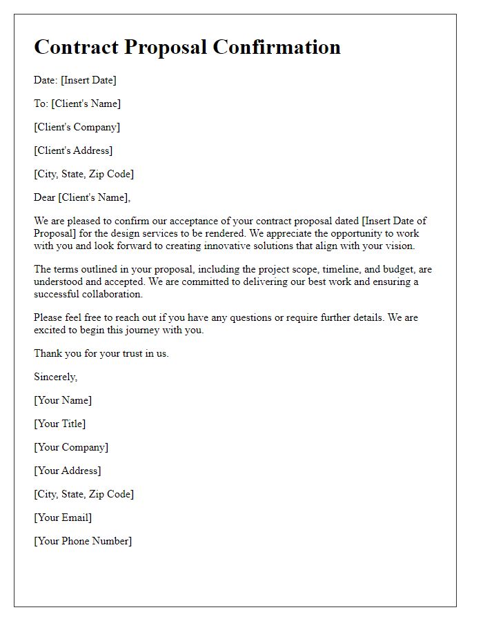 Letter template of confirmation for a design firm's contract proposal.