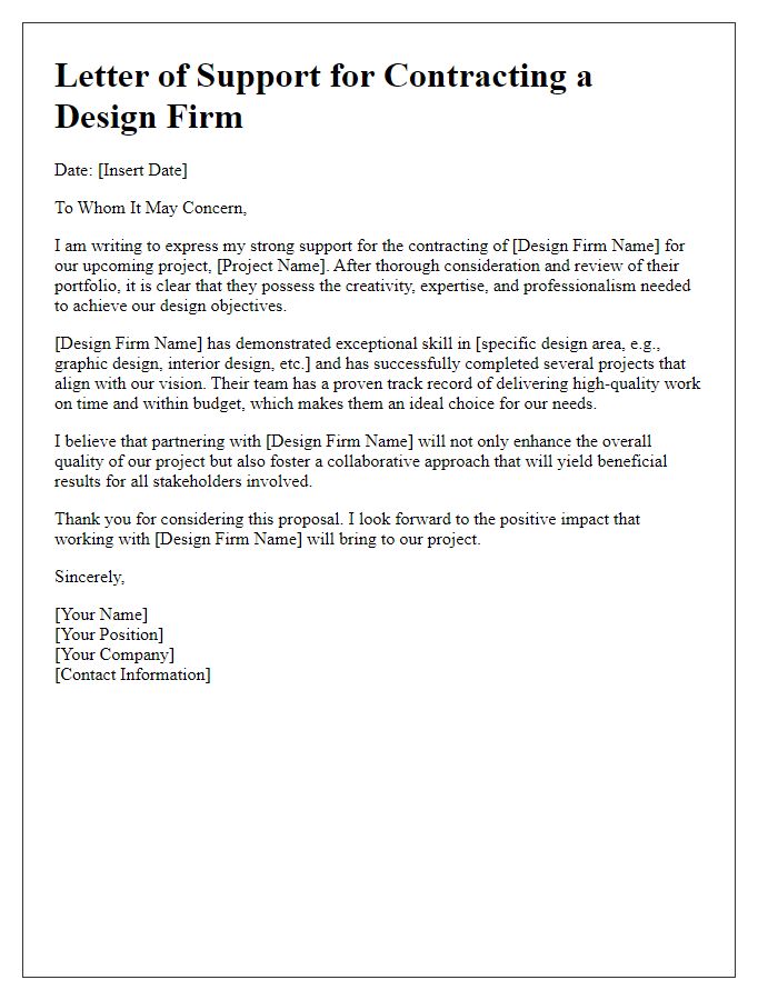 Letter template of support for contracting a design firm.